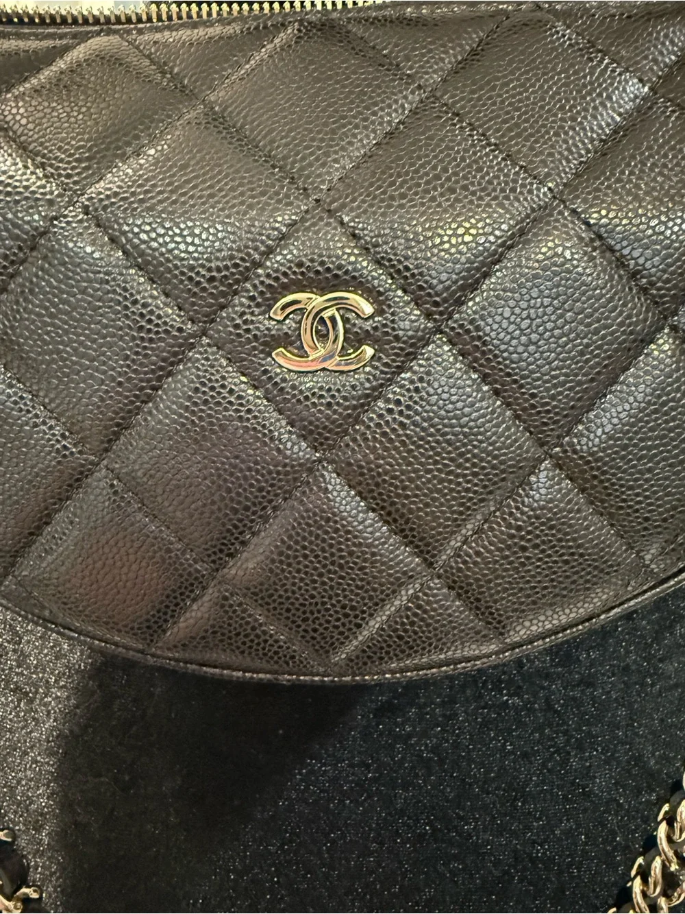 CHANEL Black Quilted Half Moon Shoulder Bag with Chain Strap Champagne Hardware